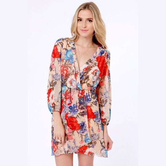 Honey Punch Jasmine Blush Floral Print Flowy Long Sleeve Dress Lulus - Picture 1 of 15